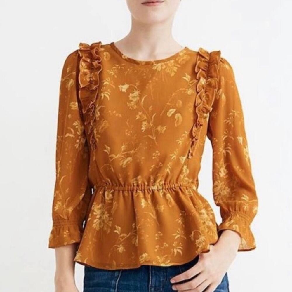 Madewell Marigold Orange Ruffle-Shoulder Peplum Top in Tonal Botanical Size Med